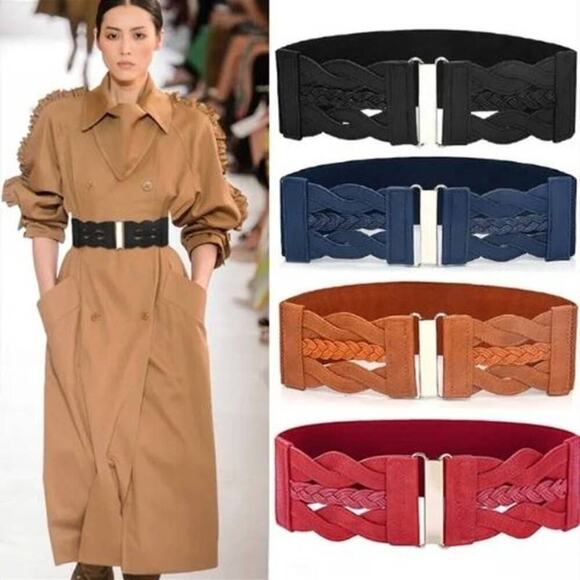 2/$30 New Elastic Wide Waist Belt Braided Camel Brown Caramel Tan - Picture 4 of 14